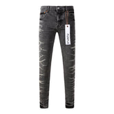 Mens Grey Slim Fit Washed Denim Jeans Unique Bleach Effect Streetwear Casual Pants 9056