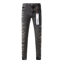 Mens Grey Slim Fit Washed Denim Jeans Unique Bleach Effect Streetwear Casual Pants 9056