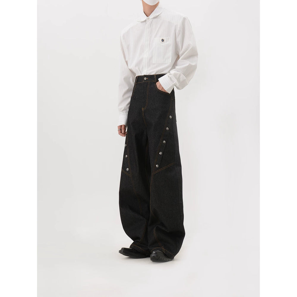 LUCE GARMENT Design Deconstruction Metal Button Black Wide Leg Jeans Women's Bending Knife Show Thin and Long Pants Trendy