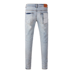 9048 Mens Purple Skinny Jeans with Ripped Detail Fashionable Denim Biker Pants with Patches and Printed Design Jeans Purple