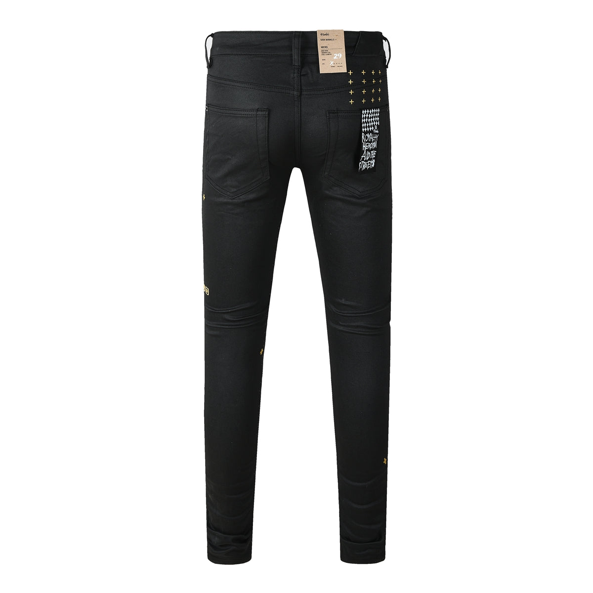 Edgy Streetwear Men’s Black Ripped Jeans with Graphic Back Print and Natural Fade Effect for Everyday Looks 3045