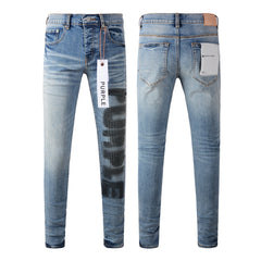 Men’s Light Blue Skinny Jeans with Black Pixel Letter Print Street Style Denim Pants 9052
