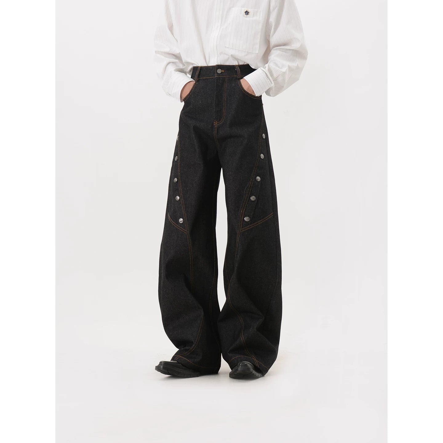 LUCE GARMENT Design Deconstruction Metal Button Black Wide Leg Jeans Women's Bending Knife Show Thin and Long Pants Trendy