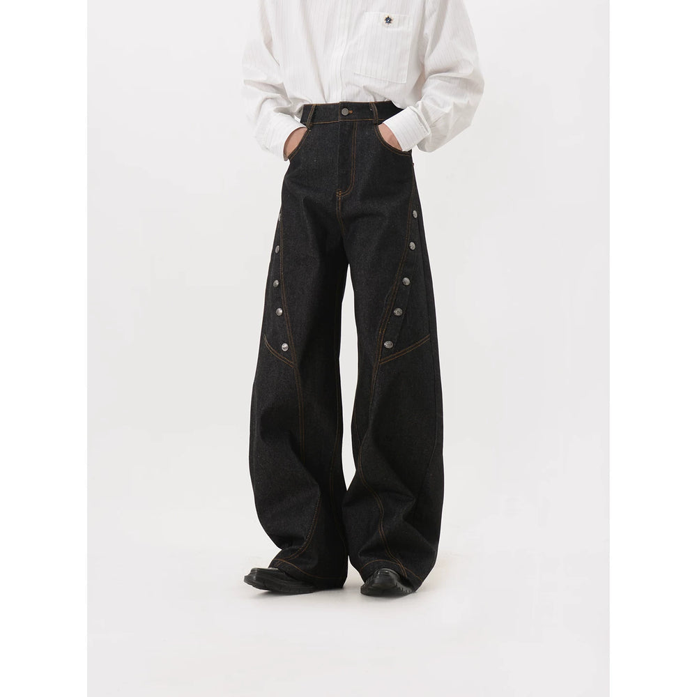 LUCE GARMENT Design Deconstruction Metal Button Black Wide Leg Jeans Women's Bending Knife Show Thin and Long Pants Trendy