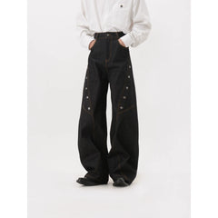 LUCE GARMENT Design Deconstruction Metal Button Black Wide Leg Jeans Women's Bending Knife Show Thin and Long Pants Trendy