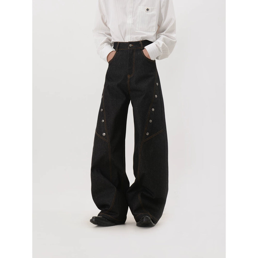 LUCE GARMENT Design Deconstruction Metal Button Black Wide Leg Jeans Women's Bending Knife Show Thin and Long Pants Trendy