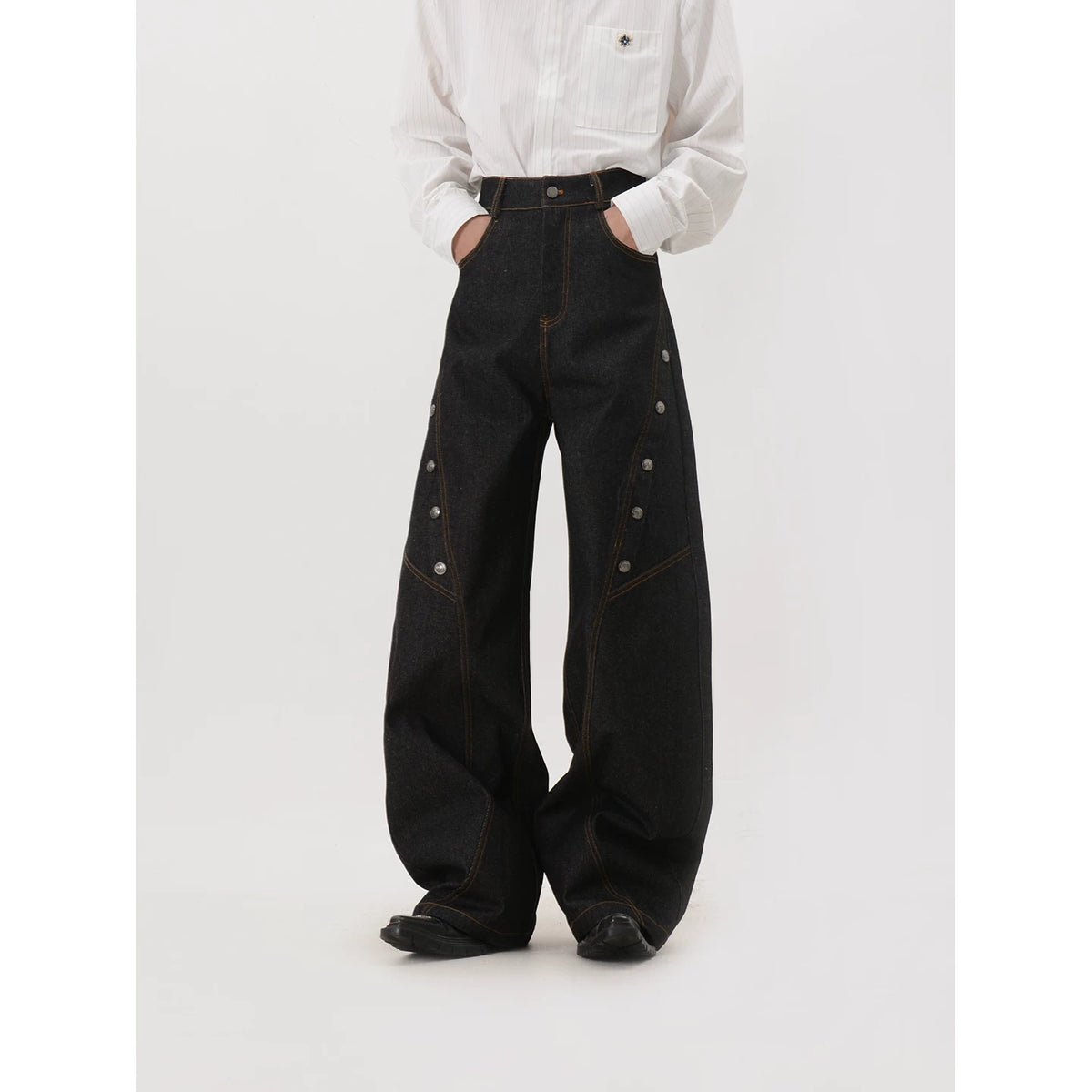 LUCE GARMENT Design Deconstruction Metal Button Black Wide Leg Jeans Women's Bending Knife Show Thin and Long Pants Trendy