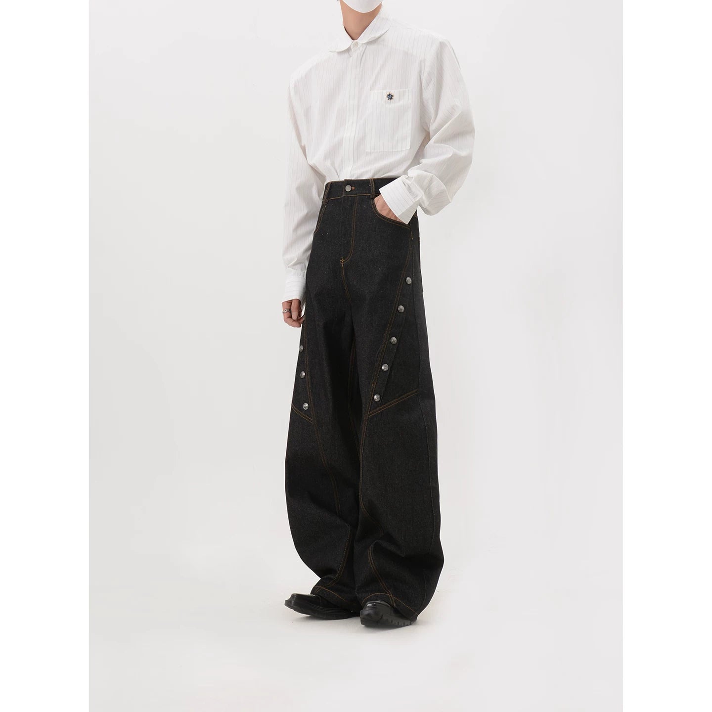 LUCE GARMENT Design Deconstruction Metal Button Black Wide Leg Jeans Women's Bending Knife Show Thin and Long Pants Trendy