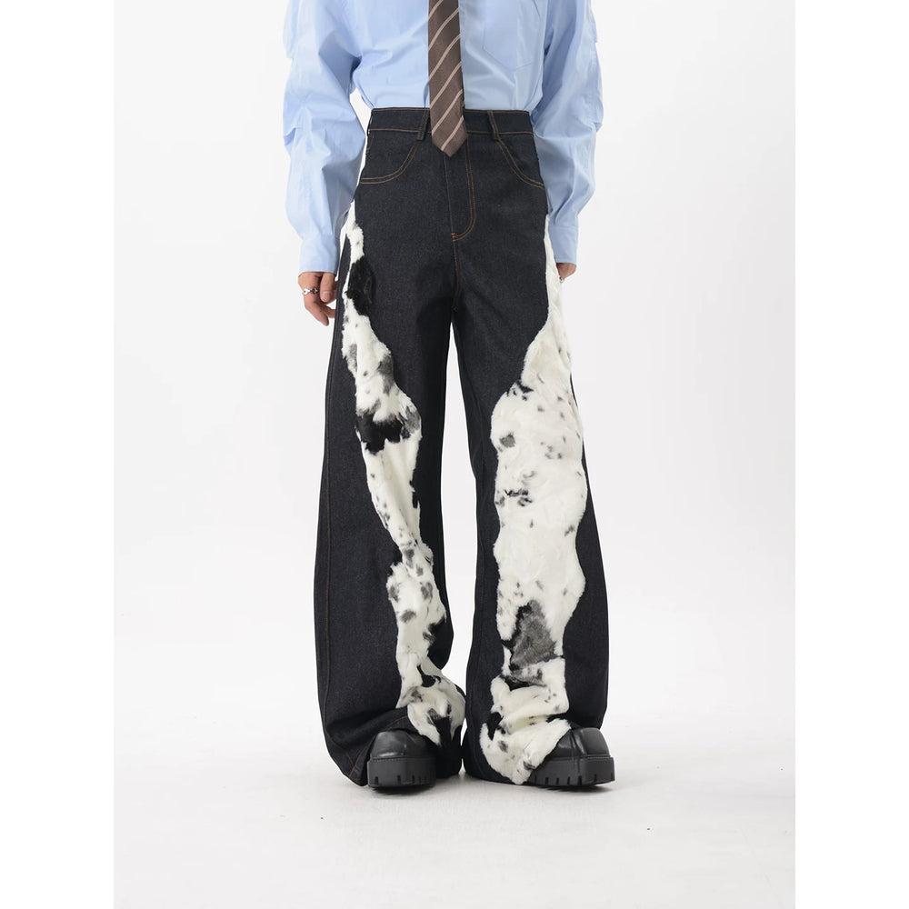 LUCE GARMENT niche deconstruction design sense splicing plush jeans men's autumn loose wide leg floor pants