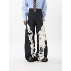 LUCE GARMENT niche deconstruction design sense splicing plush jeans men's autumn loose wide leg floor pants