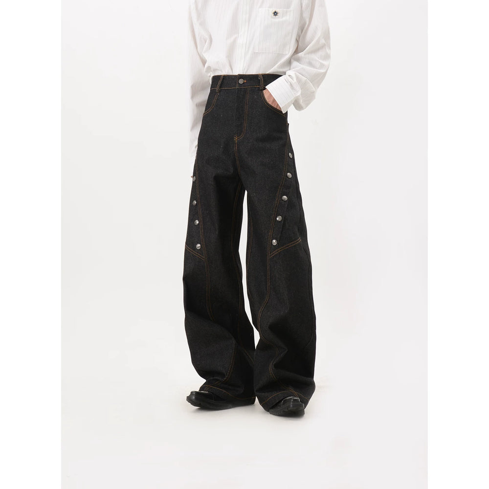 LUCE GARMENT Design Deconstruction Metal Button Black Wide Leg Jeans Women's Bending Knife Show Thin and Long Pants Trendy