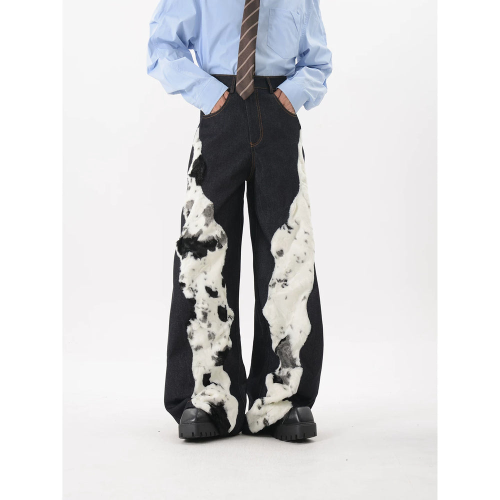LUCE GARMENT niche deconstruction design sense splicing plush jeans men's autumn loose wide leg floor pants