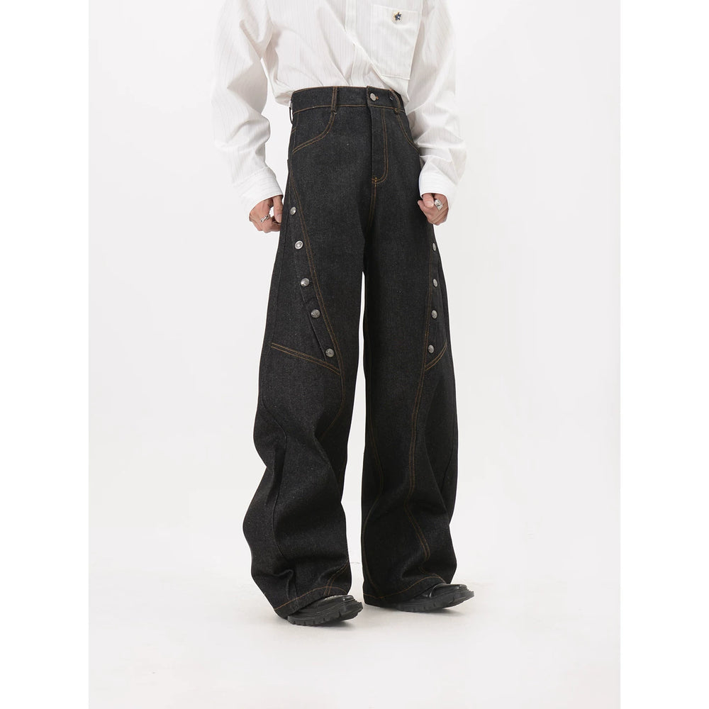 LUCE GARMENT Design Deconstruction Metal Button Black Wide Leg Jeans Women's Bending Knife Show Thin and Long Pants Trendy