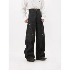 LUCE GARMENT Design Deconstruction Metal Button Black Wide Leg Jeans Women's Bending Knife Show Thin and Long Pants Trendy