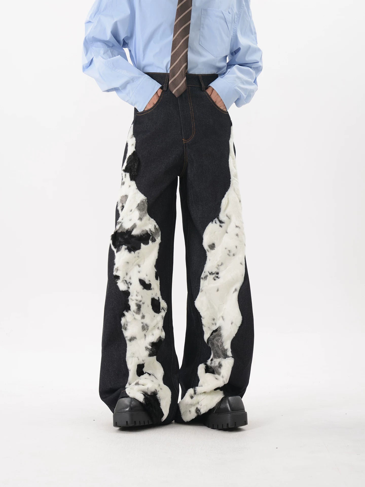 LUCE GARMENT niche deconstruction design sense splicing plush jeans men's autumn loose wide leg floor pants