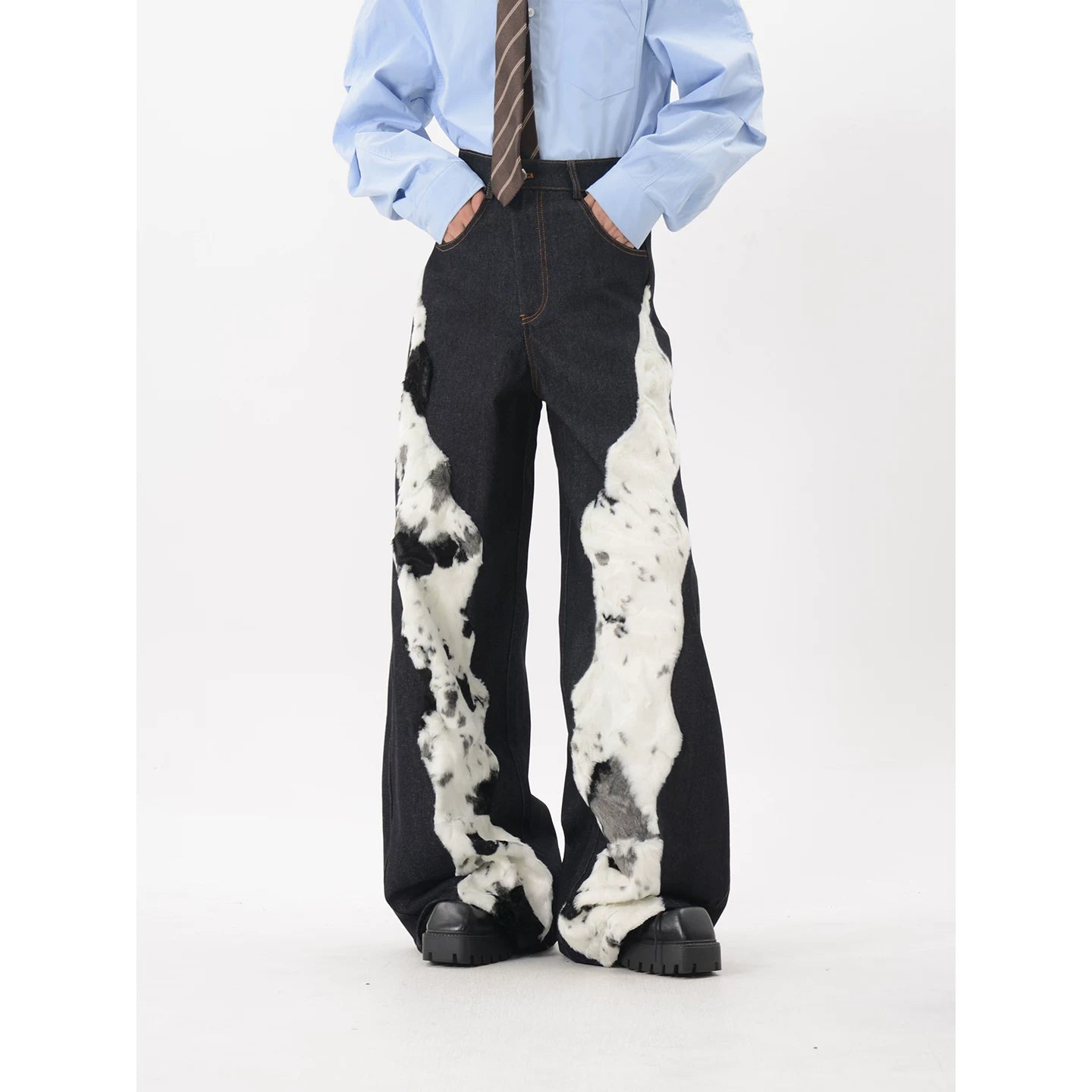 LUCE GARMENT niche deconstruction design sense splicing plush jeans men's autumn loose wide leg floor pants